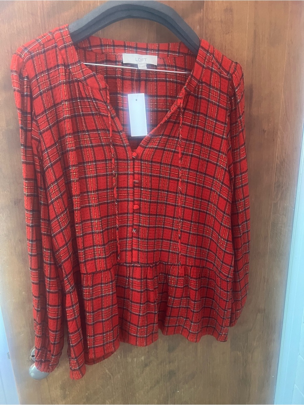 LOFT Red Plaid Button-Front Peasant Top